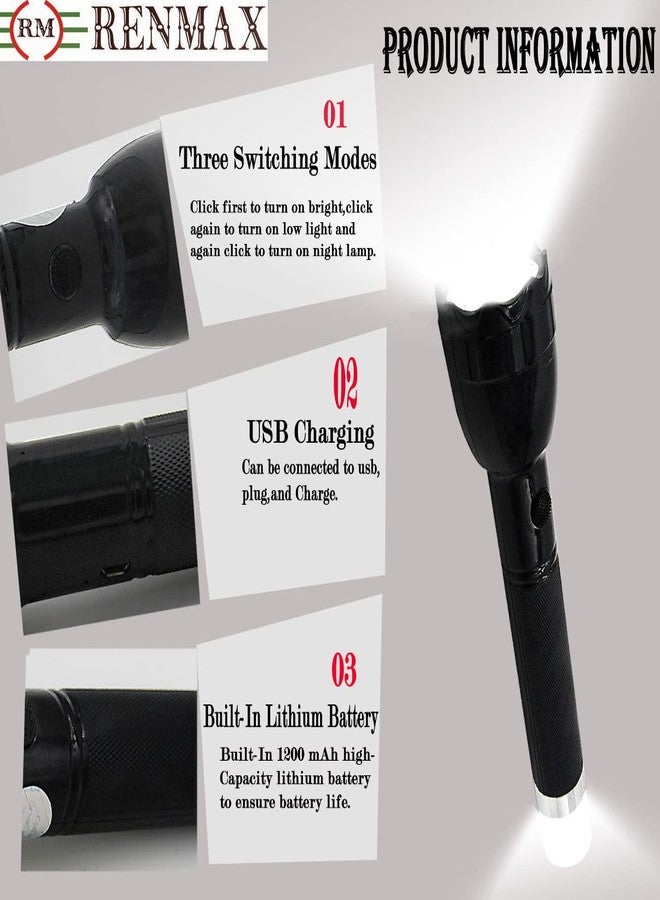 RENMAX Plastic LED Torch Flashlight & Tail Light Rechargeable Water Resistant Tracking Black -1Pc (Tripple Mode Pocket Friendly) 300 Lumens - Image 4